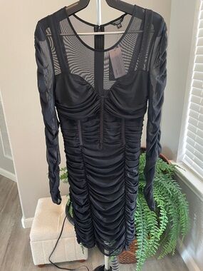 Guess Black Mesh Ruched Long Sleeve Bodycon Dress